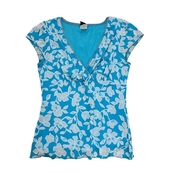 Wrapper Tops - Vintage Turquoise Floral Mesh Babydoll Top Y2K Cap Sleeve XL tropical goingout